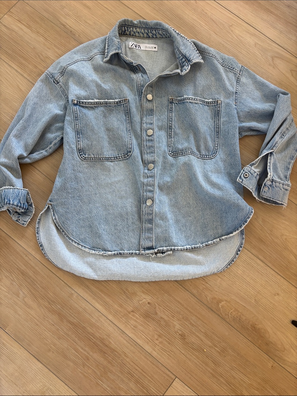 Zara Light Wash Denim Shacket in Pale Blue